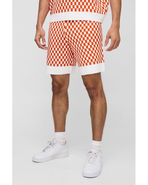 BoohooMAN Red Relaxed Jacquard Plaid Knitted Short for men
