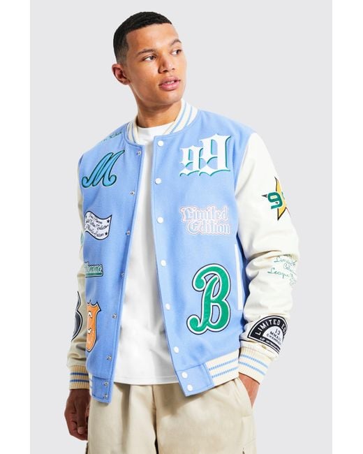 Boohoo Tall Pour Homme Worldwide Varsity Jacket in Blue | Lyst