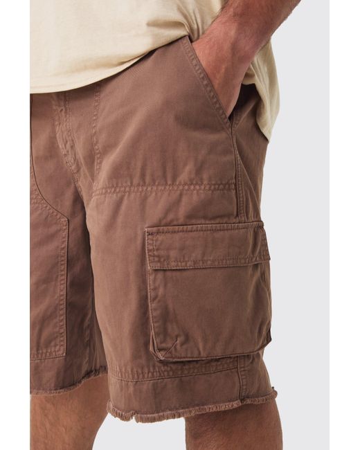 BoohooMAN Brown Plus Fixed Waist Raw Hem Relaxed Cargo Shorts for men