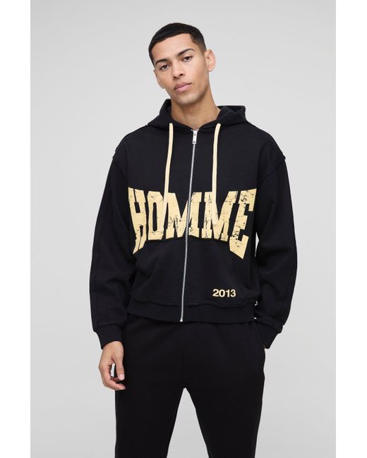 Boohoo Blue Oversized Boxy Homme Raw Seams Loopback Zip Through Hoodie