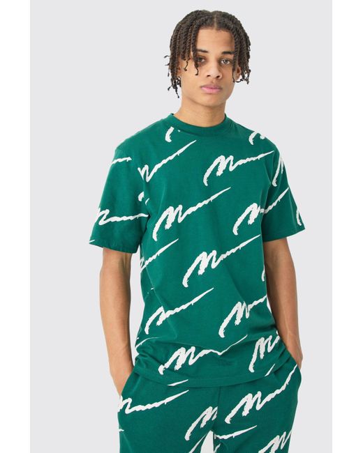 BoohooMAN Green Signature All Over Print Tshirt & Jogger Set for men