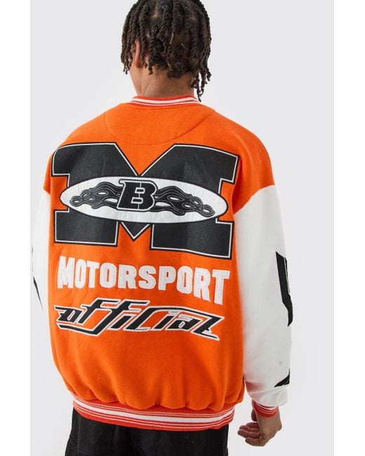 BoohooMAN Orange Oversized Moto Applique Jersey Bomber Jacket for men