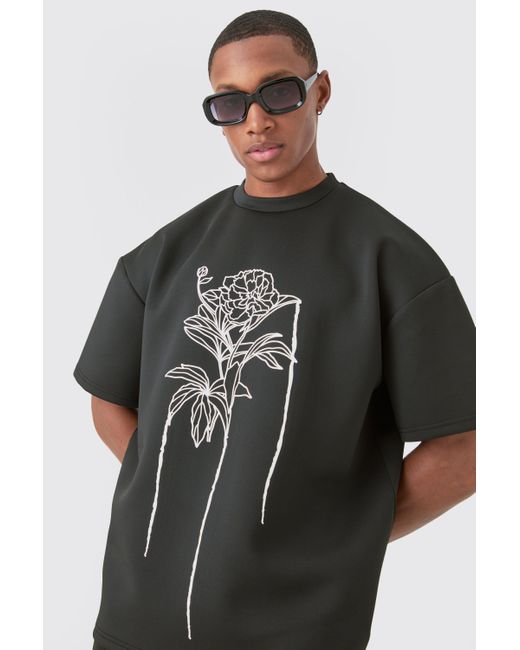 BoohooMAN Oversized Floral Line Drawing Scuba T-shirt in Black für Herren