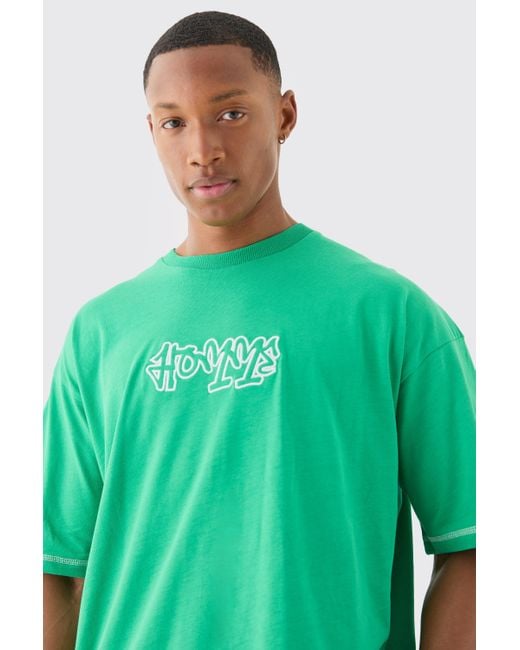 BoohooMAN Green Oversized Contrast Stitch Applique T-shirt & Short Set for men
