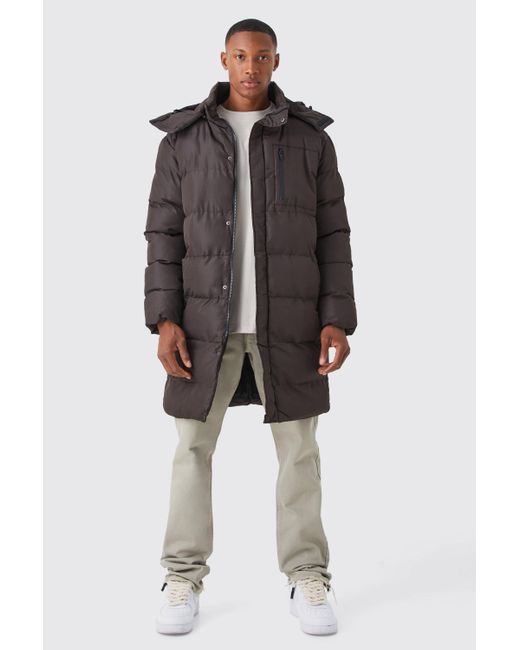BoohooMAN Brown Mid Length Puffer Parka With Hood for men