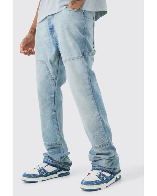 BoohooMAN Blue Tall Slim Rigid Flare Carpenter Jeans for men