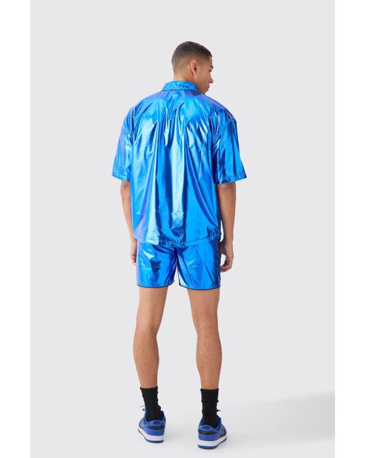 Boohoo Blue Oversized Boxy Shirt And Short Metallic Set