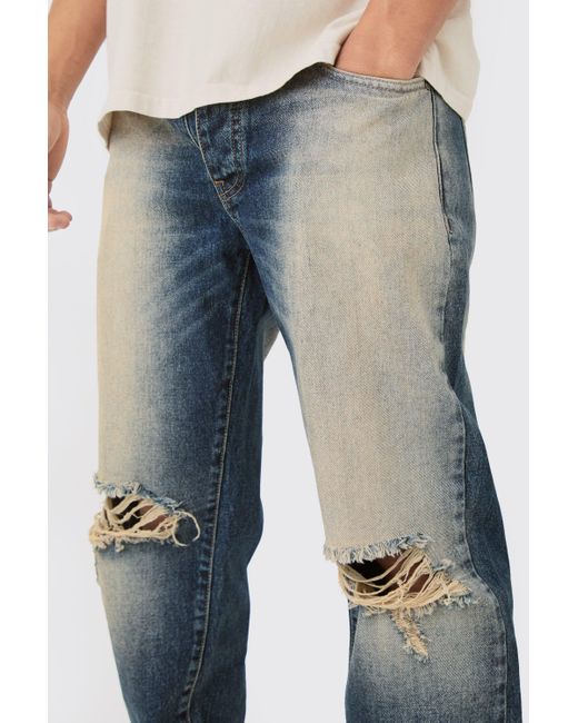 BoohooMAN Straight Rigid Washed Blue Ripped Knee Jeans for men