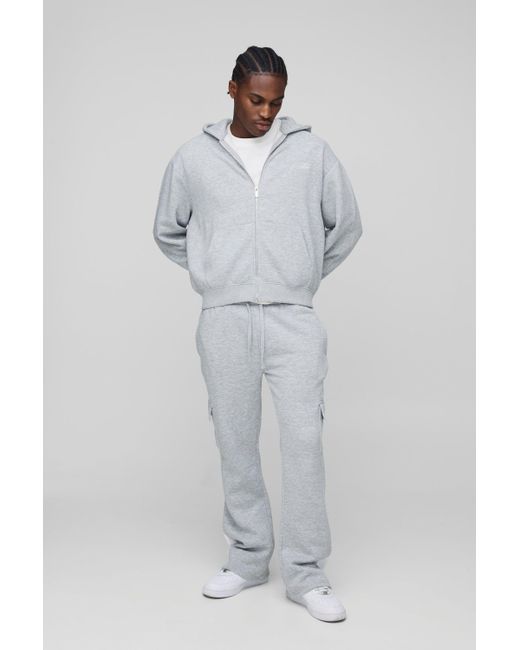 BoohooMAN Gray Oversized Boxy Script Zip Through Gusset Tracksuit for men