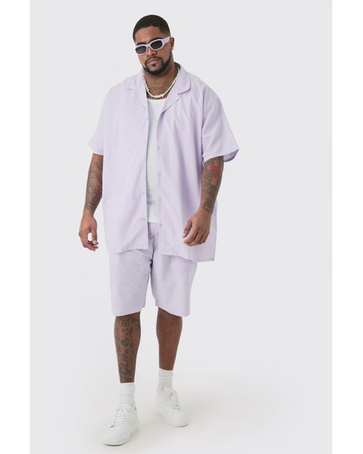 BoohooMAN Purple Plus Oversized Linen Drop Revere Shirt & Short Set In Lilac for men