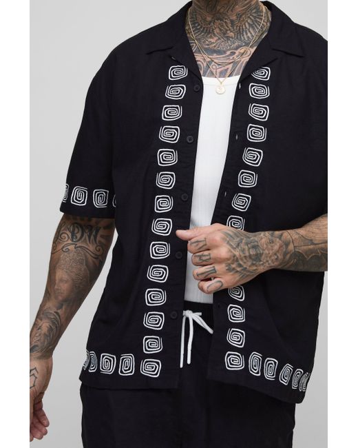 BoohooMAN Tall Oversize Hemd & Shorts aus Leinenmischung mit Stickerei in Blue für Herren