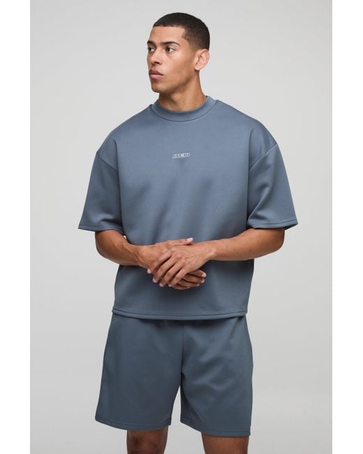 BoohooMAN Kastiges Oversize Man Scuba T-Shirt & Shorts in Blue für Herren