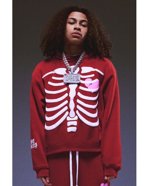 BoohooMAN Red Oversized Boxy Heart Breaker Puff Print Hoodie for men