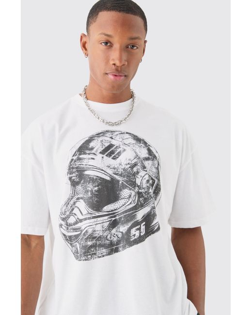 BoohooMAN White Oversized Moto Helmet Printed T-shirt for men