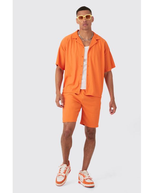BoohooMAN Orange Short Sleeve Ribbed Boxy Shirt & Short for men
