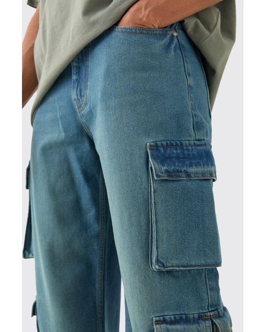 Baggy Rigid Multi Cargo Pocket Jeans In Blue Boohoo