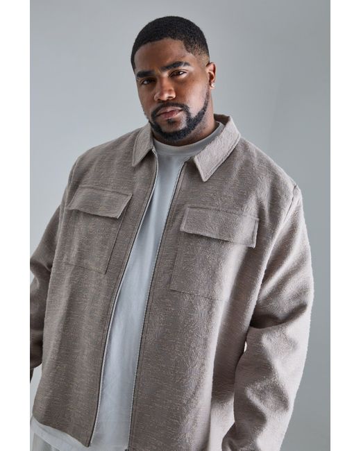 BoohooMAN Gray Plus Textured Cotton Jacquard Smart Cargo Jacket for men