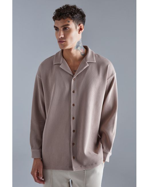 BoohooMAN Long Sleeve Oversized Revere Pleated Shirt in Brown for