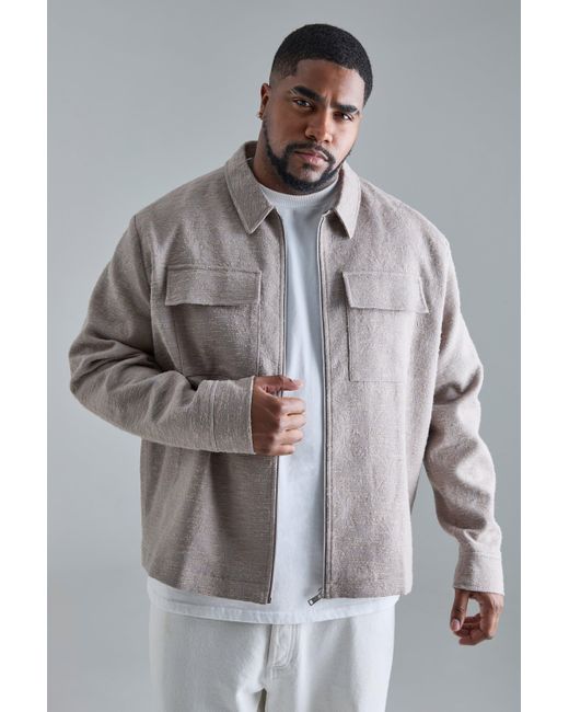 BoohooMAN Gray Plus Textured Jacquard Smart Harrington Jacket for men