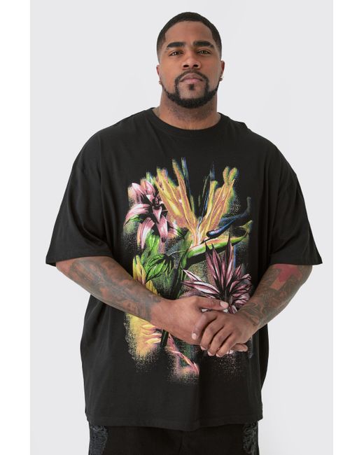 Boohoo Plus Oversized Multi Floral Print T-shirt In Black