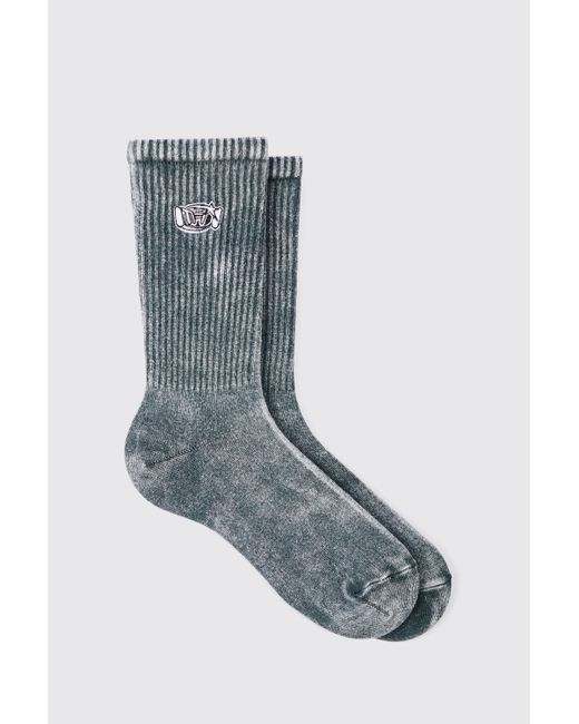 BoohooMAN Blue Acid Wash Embroidered Socks In Charcoal for men