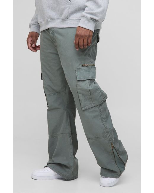 BoohooMAN Gray Plus Slim Flare Zip Gusset Overdye Acid Wash Cargo Pants for men