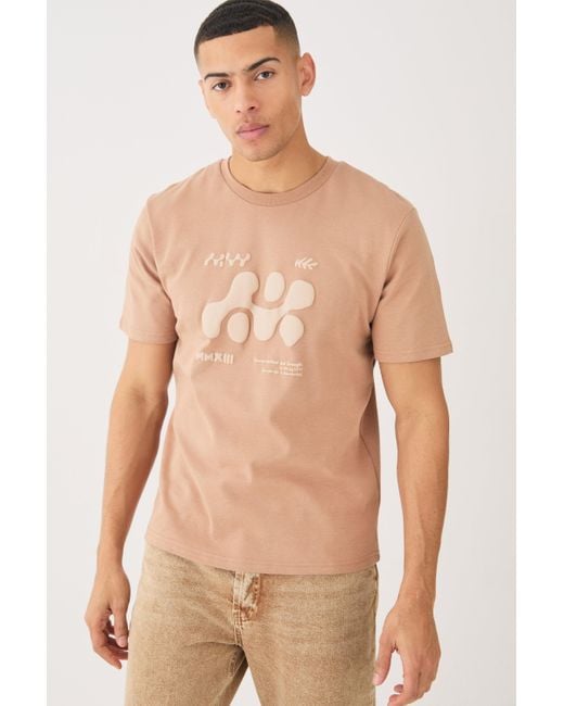 BoohooMAN Natural Heavyweight Interlock Abstract Puff Print T-shirt for men