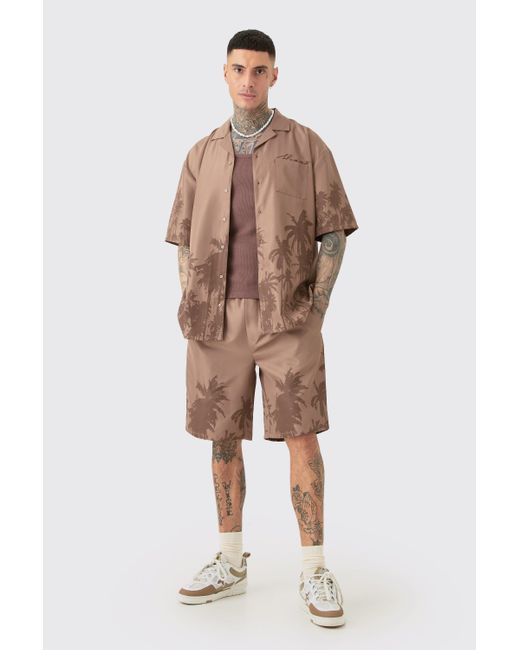 BoohooMAN Natural Tall Soft Twill Palm Hem Oversized Boxy Shirt & Short Set for men