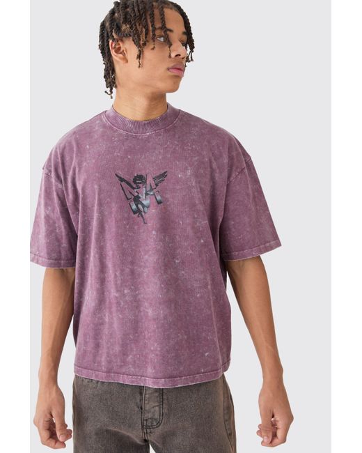 BoohooMAN Oversized Boxy Extended Neck Acid Wash M Graphic T-shirt in Purple für Herren