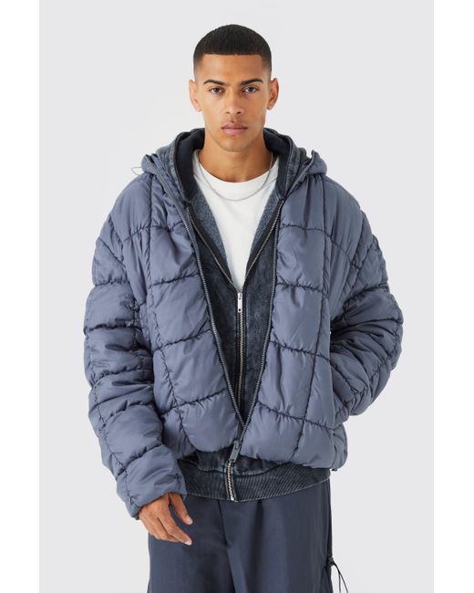BoohooMAN Blue Square Quilted Ruched Puffer for men