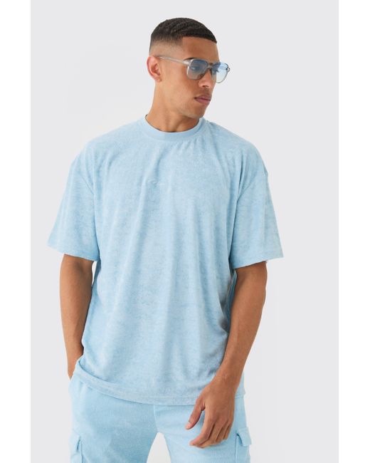 BoohooMAN Oversized Extended Neck Towelling Man Signature T-shirt in Blue für Herren