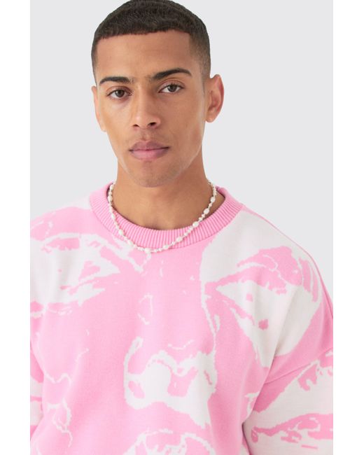 BoohooMAN Oversized Line Drawing Knitted T-shirt in Pink für Herren