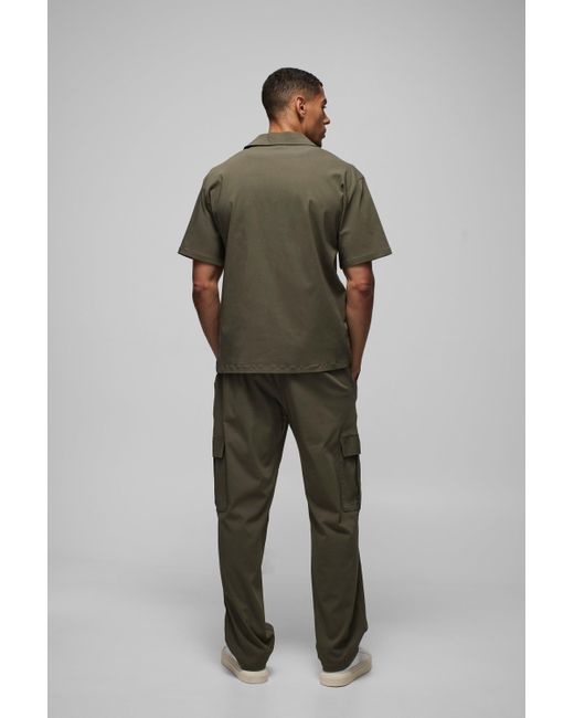 BoohooMAN Green Oversized Revere Bengaline Shirt & Cargo Pants Set for men