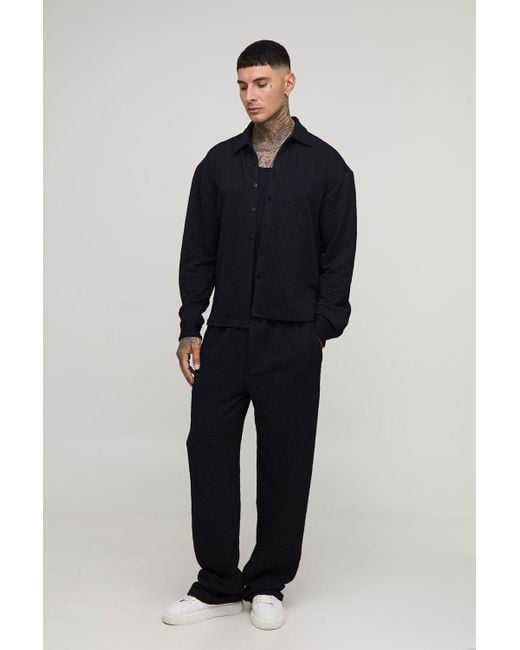 BoohooMAN Blue Tall Textured Jersey Oversized Boxy Shirt And Relaxed Pants Set for men
