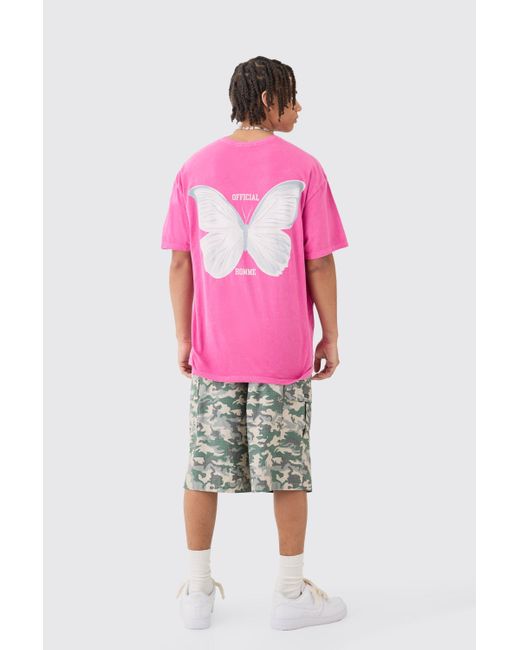 BoohooMAN Pink Oversized Extended Neck Butterfly Print Wash T-shirt for men