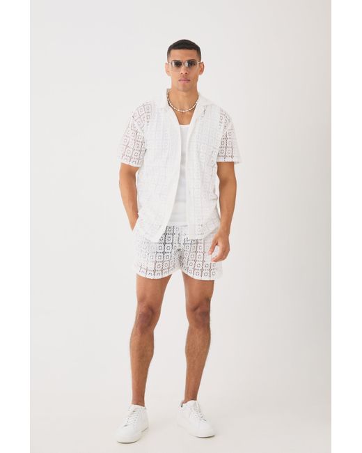 BoohooMAN White Oversized Open Weave Lace Shirt & Short for men