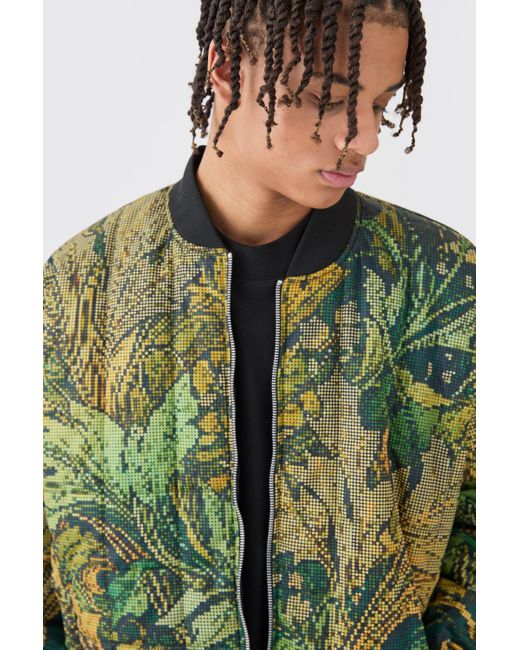 BoohooMAN Green Square Quilted Tapestry Short & Bomber Jacket Set for men