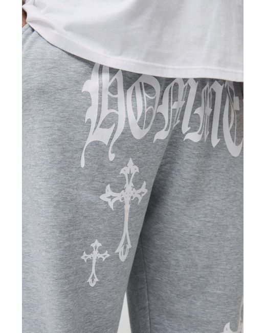 BoohooMAN Gray Plus Homme Cross Print Oversized Sweatpants for men