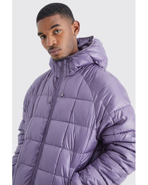 BoohooMAN Purple Tall Boxy Square Quilted Puffer With Hood for men