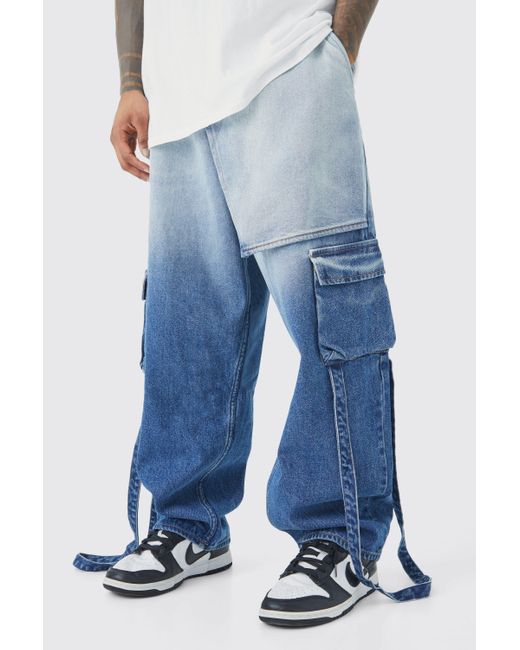 BoohooMAN Blue Elastic Waist Dropped Crotch Baggy Ombre Jeans for men