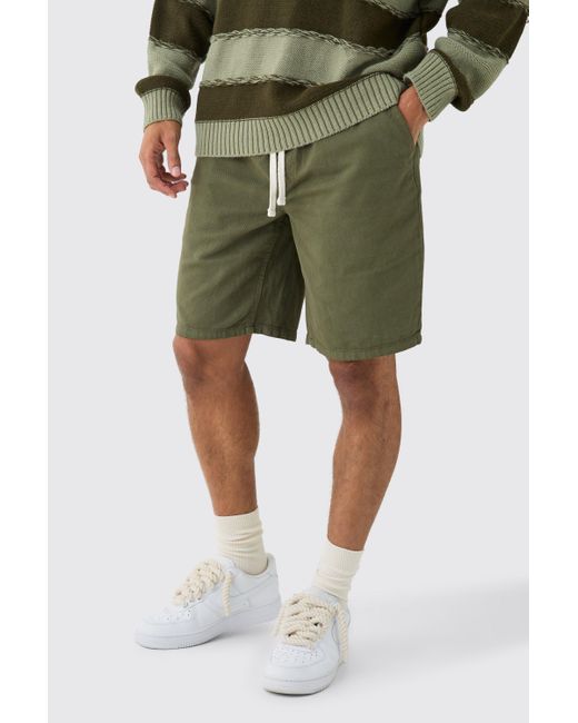 BoohooMAN Green Elastic Waist Drawcord Detail Slim Fit Shorts In Khaki for men