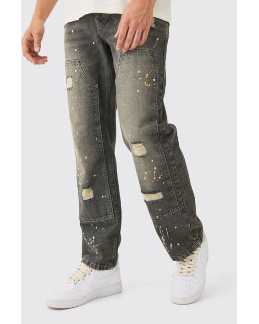 BoohooMAN Green Relaxed Rigid Ripped Carpenter Paint Splatter Jeans In Antique Grey for men