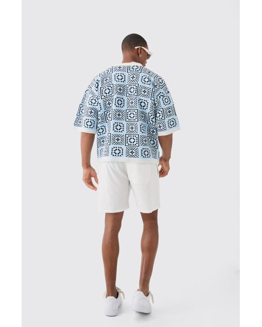 BoohooMAN Blue Oversized Boxy Crochet Knitted Polo for men