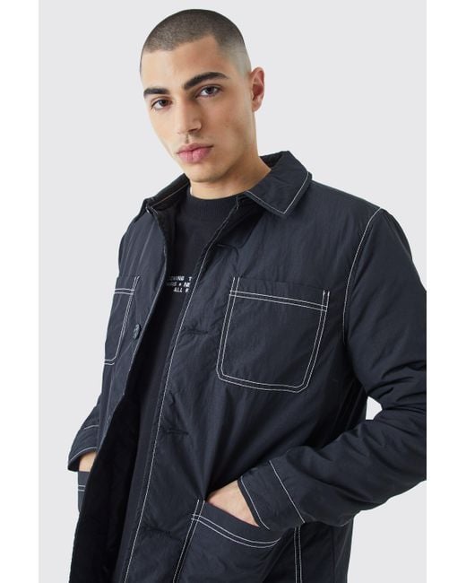 Boohoo Contrast Stitch Padded Jacket in Blue Lyst