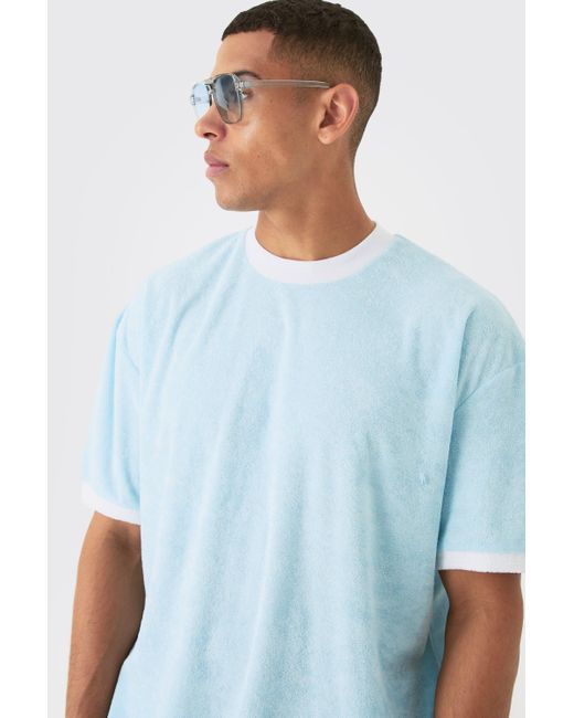 BoohooMAN Blue Oversized Extended Neck Contrast Towelling T-shirt for men