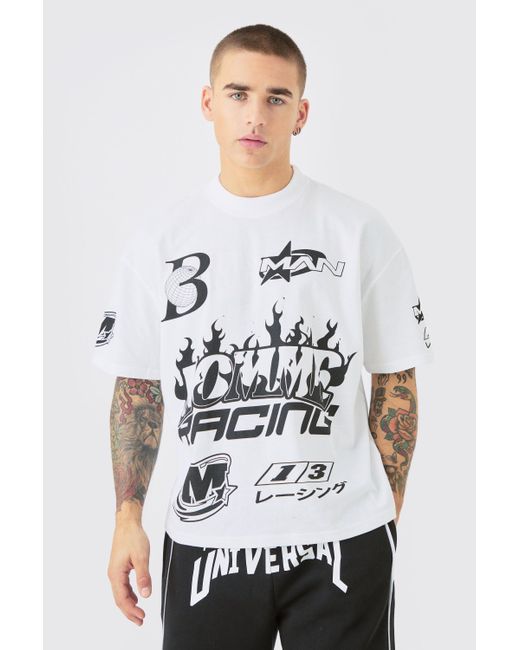 BoohooMAN White Oversized Boxy Extended Neck Homme Moto Graphic T-shirt for men