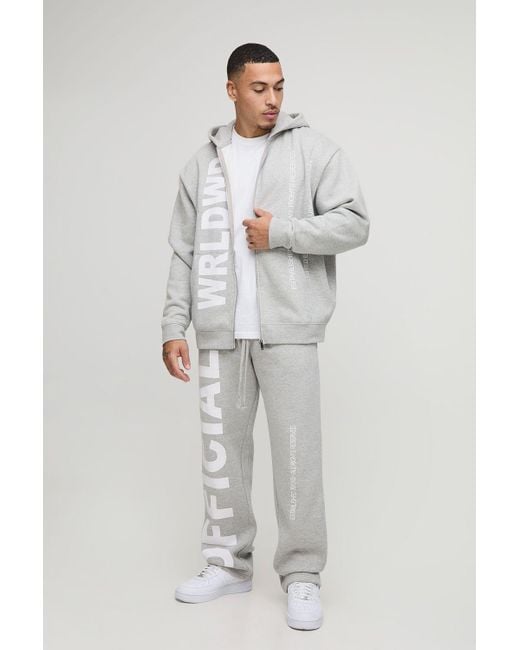 BoohooMAN Gray Oversized Worldwide Official Text Print Zip Through Tracksuit for men