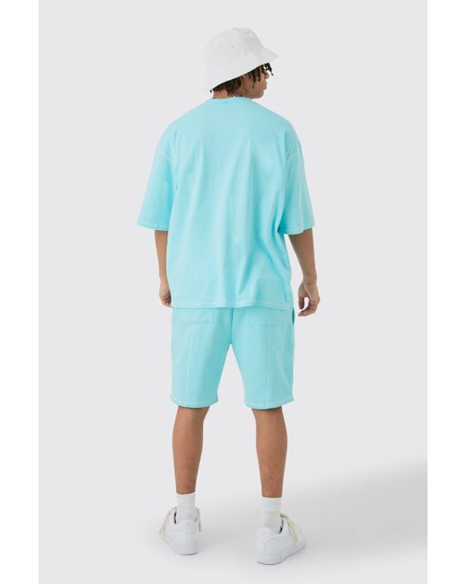 BoohooMAN Blue Oversized Contrast Stitch Embroidered T-shirt & Short Set for men