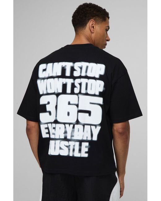 Black Oversized Boxy Extended Neck 365 Hustle Graphic T-Shirt Boohoo