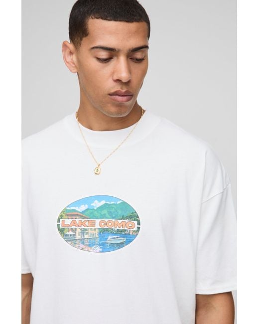 BoohooMAN Weißes Oversize T-Shirt mit MAN Lake Como Print in White für Herren